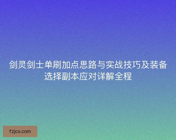 剑灵剑士单刷加点思路与实战技巧及装备选择副本应对详解全程